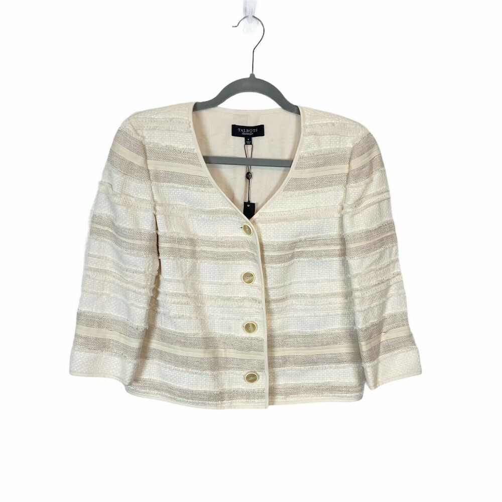 Talbots Fringe Jacket Blazer Women's Cream Cotton Career Chic Button Raw Size 4